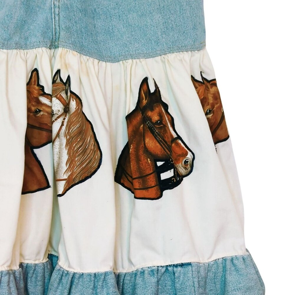 The Limited Upcycled Girls Denim & Cotton Skirt Horse Print Ruffle Hem Size 12 - Picture 7 of 11